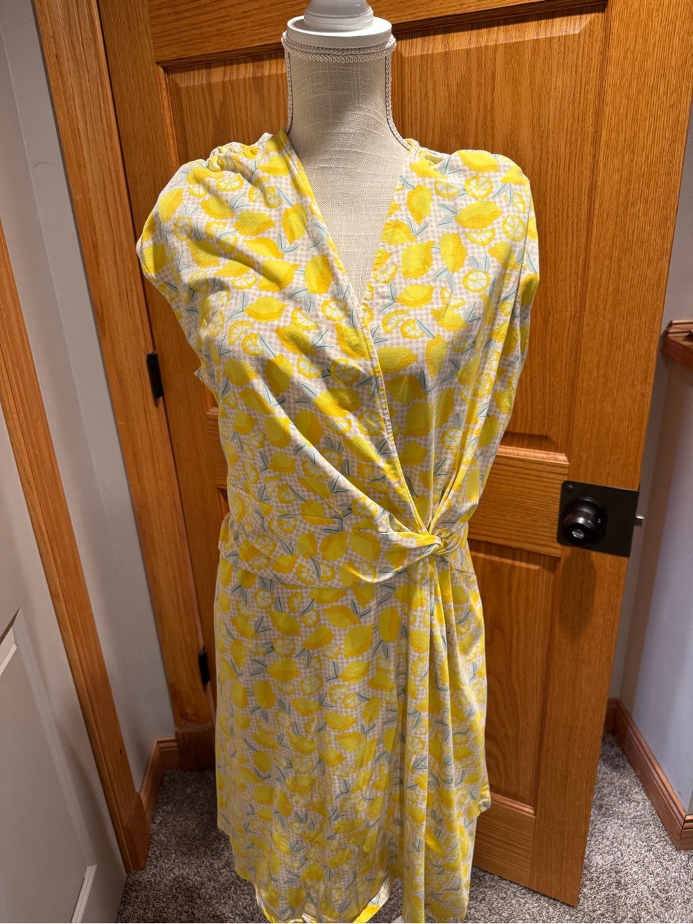Lands End 1x Yellow Lemon Print Tie-Waist Dress